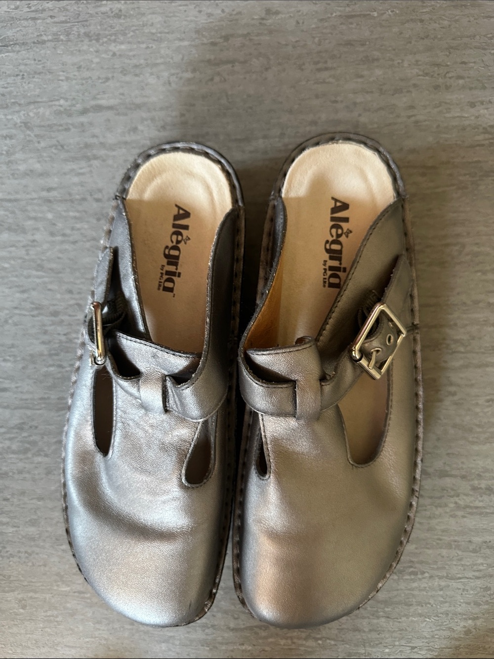 Alegria Metallic Pewter Slip-On Clog with Buckle